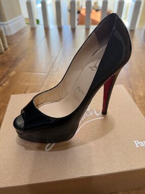 Christian Louboutin Black Patent Peep-Toe Platform Pump with Red Sole